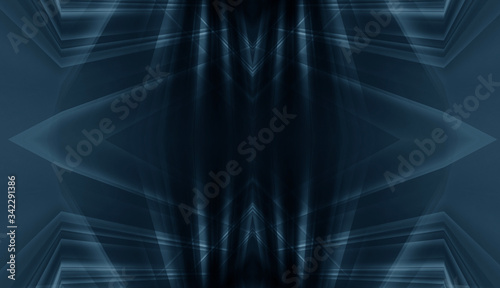 Abstract blue neon background with rays and lines. Reflection of light in the dark. Tunnel in blue neon light, underground passage. Abstract blue background. Background of an empty black corridor