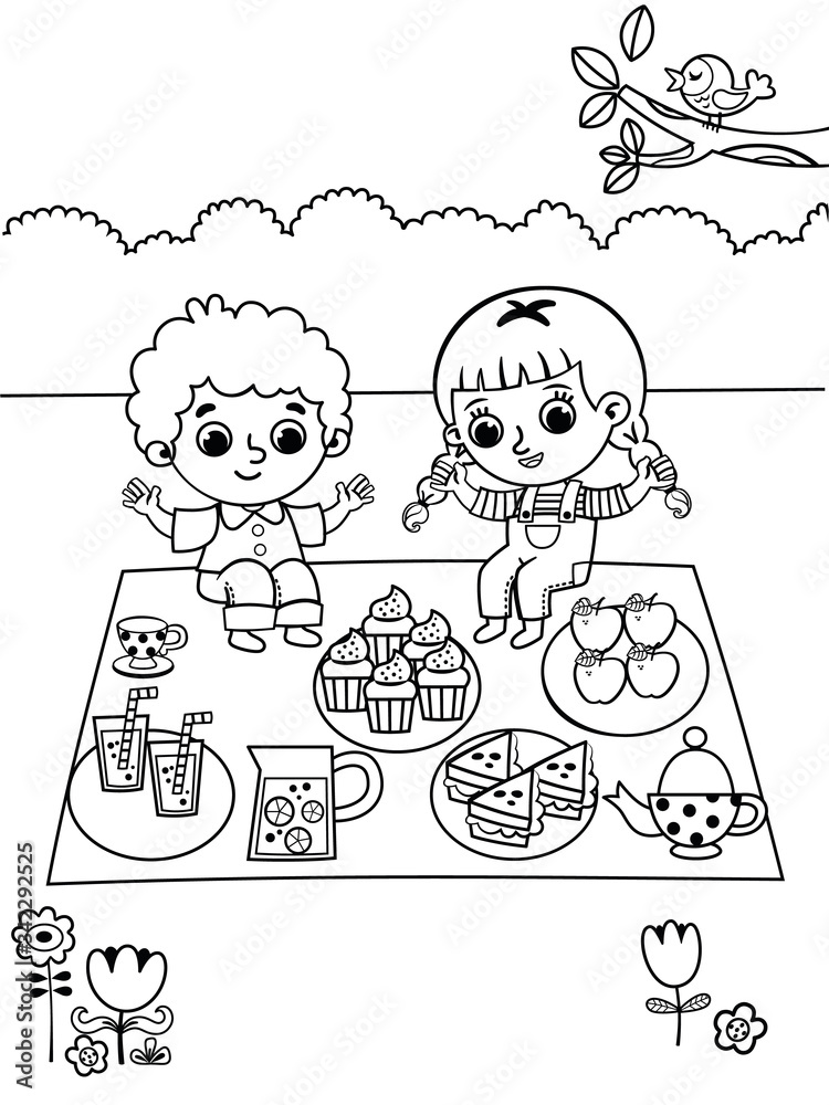 Coloring page in picnic theme. Leisure time activity for kids. Coloring page in picnic theme. Leisure time activity for kids.