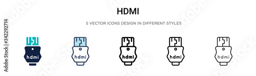 Hdmi icon in filled, thin line, outline and stroke style. Vector illustration of two colored and black hdmi vector icons designs can be used for mobile, ui, web