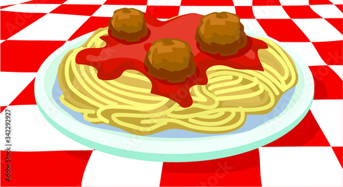 meat balls pasta tomato sauce italian food on plate italy traditional cuisine on red and white table cloth