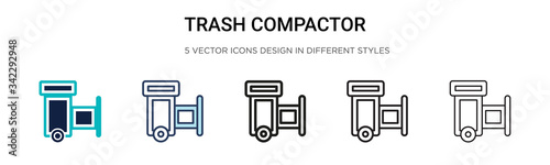 Trash compactor icon in filled, thin line, outline and stroke style. Vector illustration of two colored and black trash compactor vector icons designs can be used for mobile, ui, web