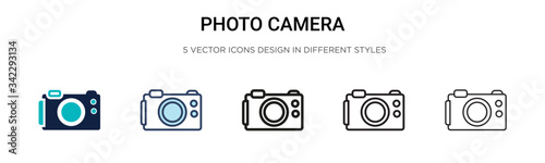 Photo camera icon in filled, thin line, outline and stroke style. Vector illustration of two colored and black photo camera vector icons designs can be used for mobile, ui, web