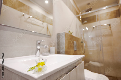 White ceramic washbasin  glossy metal faucet and a delicate white flower lying on the edge of the washbasin