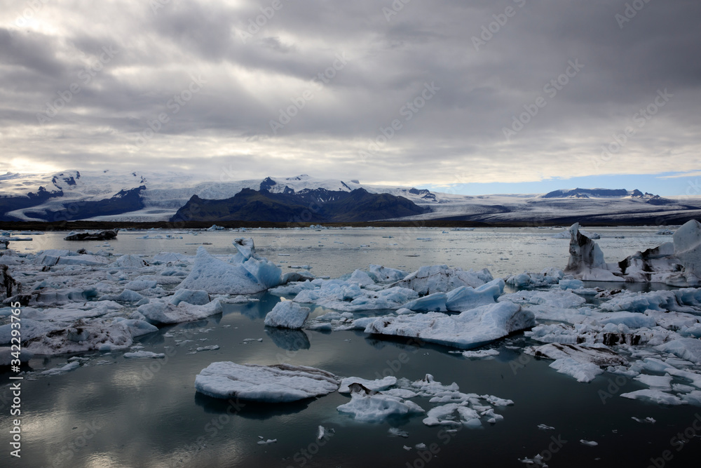 Jokulsarlon / Iceland - August 29, 2017: Ice formations and icebergs in Glacier Lagoon, Iceland, Europe