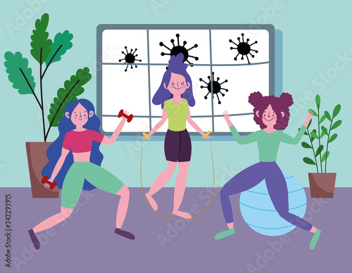 girls practicing fitness with ball jump rope and dumbbells, exercises at home