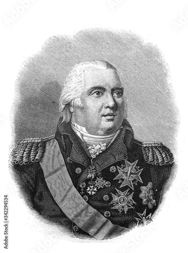 Portrait of Louis XVIII, King of France in the old book The Essays in Newest History, by I.I. Grigorovich, 1883, St. Petersburg