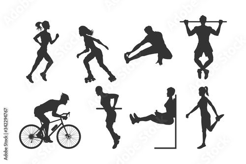 Black silhouettes of fitness people. Outdoor sport. Young active men and girls. Isolated athletic image
