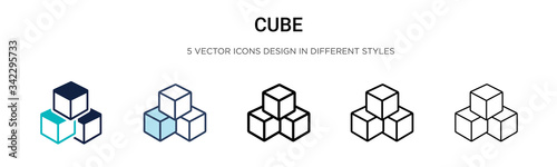 Cube icon in filled, thin line, outline and stroke style. Vector illustration of two colored and black cube vector icons designs can be used for mobile, ui, web