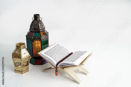 quran arab lantern and pray beads background for eid mubarak celebration