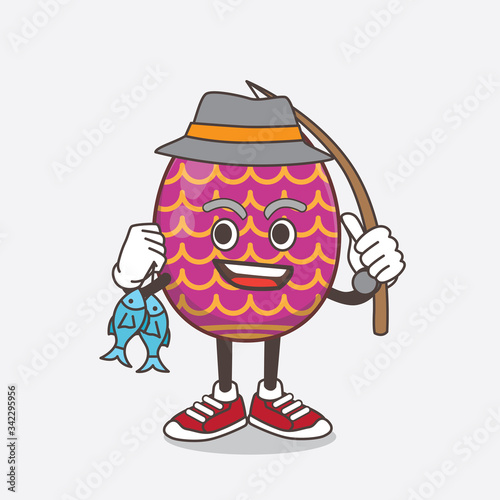 Easter Egg cartoon mascot character fishing with 2 fishes