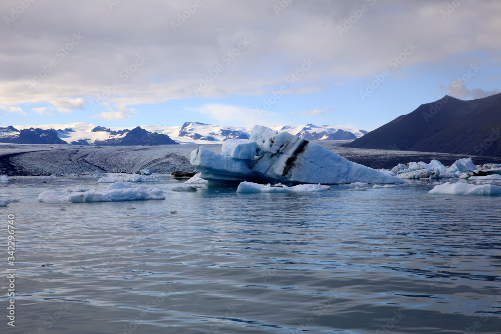 Jokulsarlon / Iceland - August 29, 2017: Ice formations and icebergs in Glacier Lagoon, Iceland, Europe