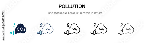 Pollution icon in filled, thin line, outline and stroke style. Vector illustration of two colored and black pollution vector icons designs can be used for mobile, ui, web