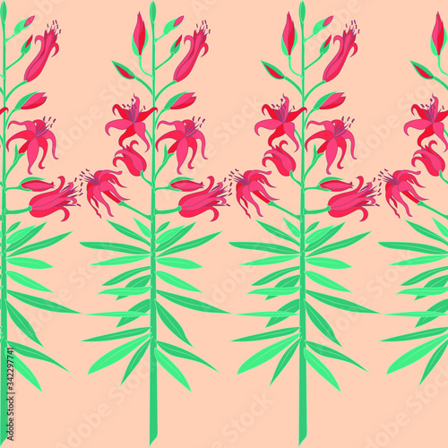 Seamless pattern of red tiger lilies with flowers and green leaves.