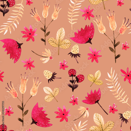 watercolor scandinavian floral seamless pattern with flowers and leaves