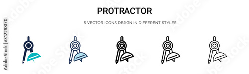 Protractor icon in filled, thin line, outline and stroke style. Vector illustration of two colored and black protractor vector icons designs can be used for mobile, ui, web