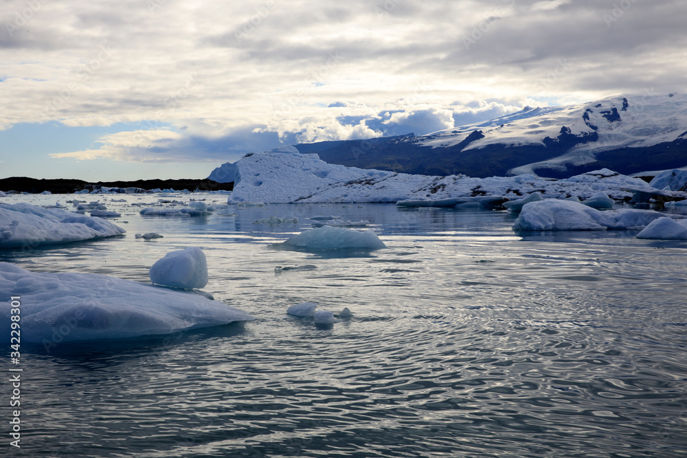 Jokulsarlon / Iceland - August 29, 2017: Ice formations and icebergs in Glacier Lagoon, Iceland, Europe