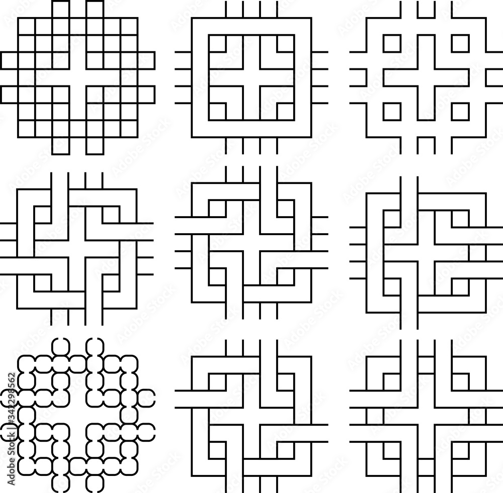 Monochrome Seamless Japanese pattern connecting the lines set