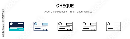 Cheque icon in filled, thin line, outline and stroke style. Vector illustration of two colored and black cheque vector icons designs can be used for mobile, ui, web