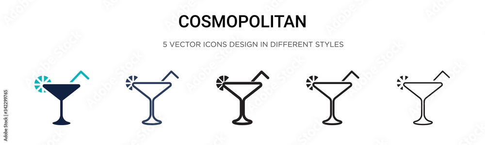 Cosmopolitan icon in filled, thin line, outline and stroke style. Vector illustration of two colored and black cosmopolitan vector icons designs can be used for mobile, ui, web - obrazy, fototapety, plakaty 