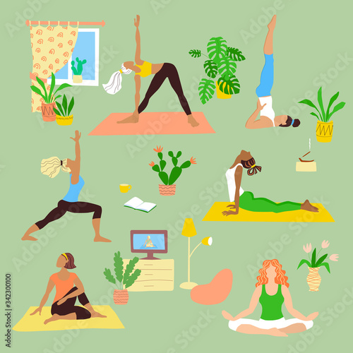 Girls in tracksuits. Home yoga online. Young women doing asanas. Interiors with furniture and home plants. Sports and activities during quarantine and self-isolation. Stock vector flat illustration.