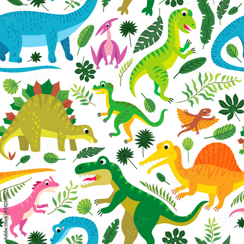 A Childish dinosaurs and tropical leaves pattern