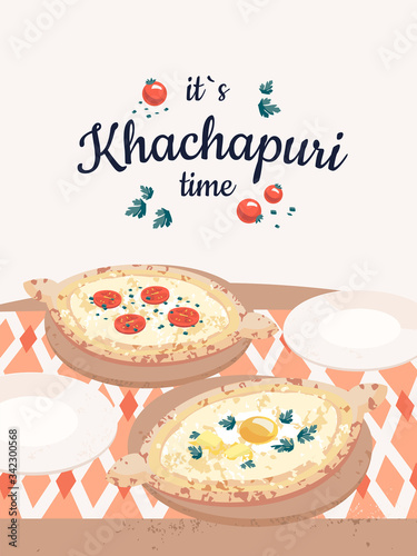 Georgian table with Adjarian khachapuri and text It`s khachapuri time