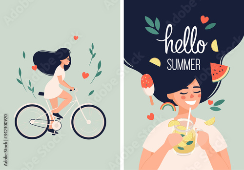 set of vector illustration hello summer with happy woman with lemonade in hand and rides a bicycle