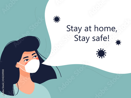 Vector brunette woman doctor in a medical mask and text Stay at home, stay safe! Coronavirus quarantine concept.