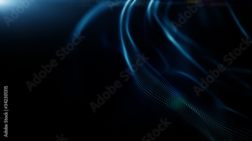 Blue color digital particles wave flow and lighting. Technology abstract background concept. with copy space