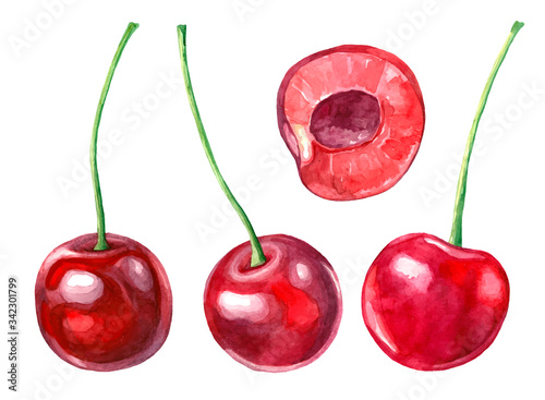 Set of images of watercolor cherry fruits.