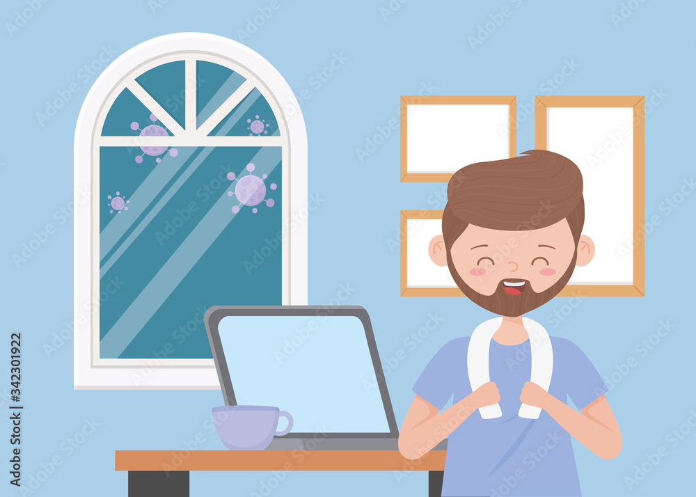 stay at home, bearded man with laptop and coffee cup in room stay at home, bearded man with laptop and coffee cup in room