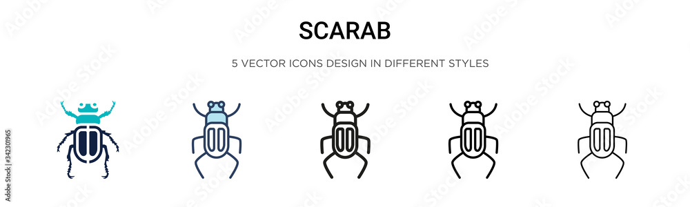 Scarab icon in filled, thin line, outline and stroke style. Vector illustration of two colored and black scarab vector icons designs can be used for mobile, ui, web