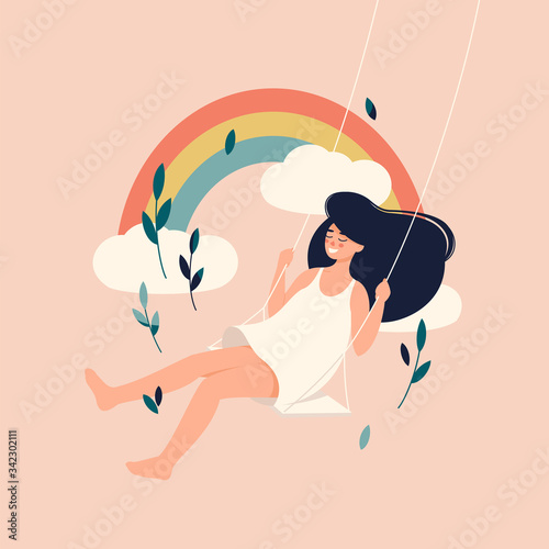 Vector summer illustration of happy brunette woman swings on a swing bench on rainbow background in flat style 