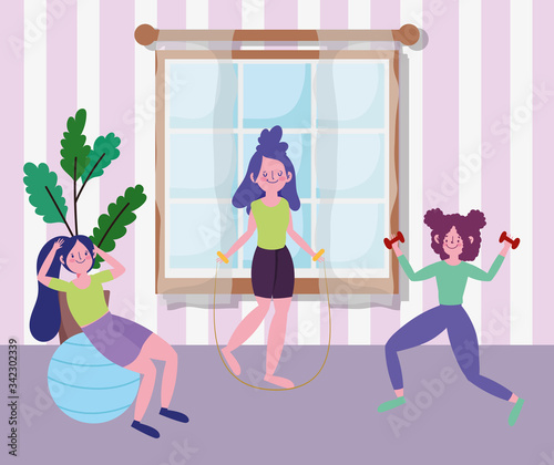 girls practicing fitness with ball and dumbbells, exercises at home