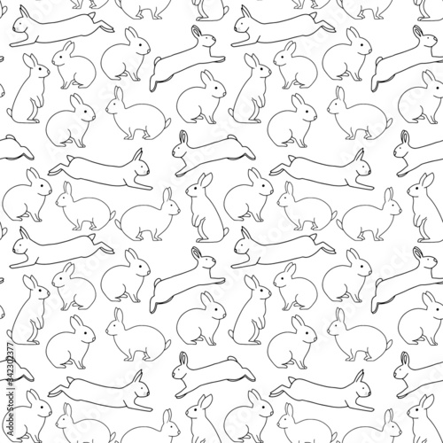 Cute rabbits seamless vector pattern. Many scattered sitting and jumping hares. Isolated. Pink  black  white colors. Symbol of Easter. For printing on fabrics  paper  social media posts  banners. 