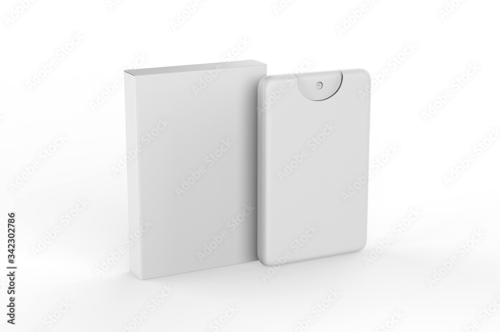 Blank Small Pocket Perfume Plastic Container With paper box packaging For Branding, 3d render illustration. Blank Small Pocket Perfume Plastic Container With paper box packaging For Branding, 3d render illustration.
