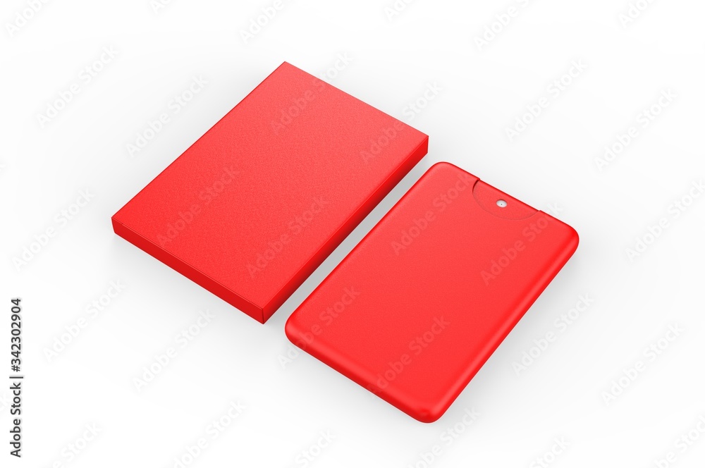 Blank Small Pocket Perfume Plastic Container With paper box packaging For Branding, 3d render illustration.