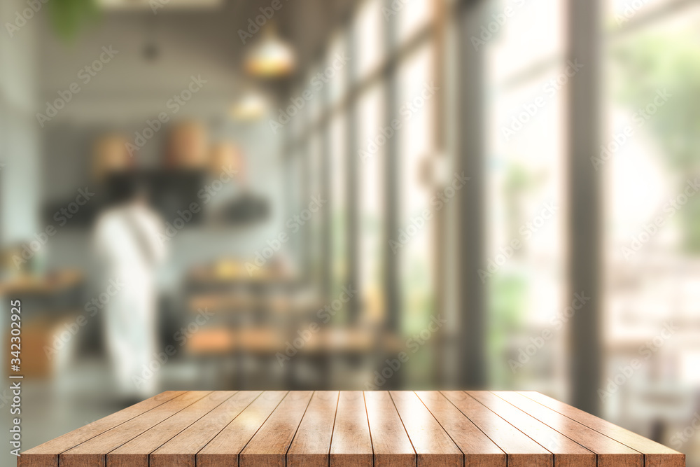 Empty wooden table top with lights bokeh on blur restaurant background, 3D Rendering Empty wooden table top with lights bokeh on blur restaurant background, 3D Rendering