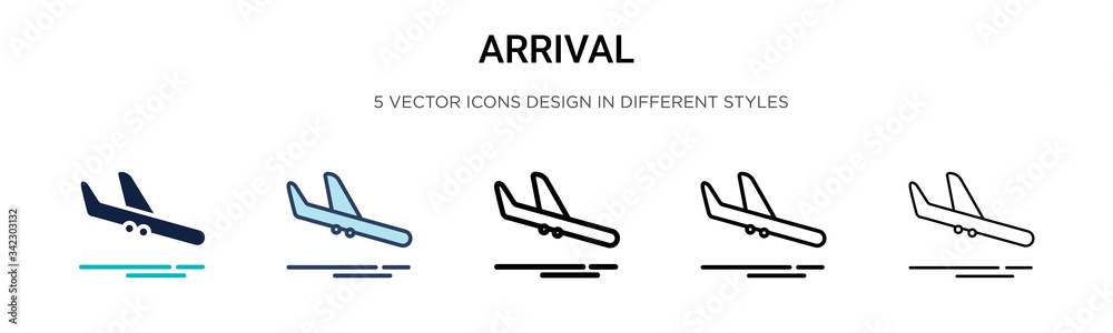 Arrival icon in filled, thin line, outline and stroke style. Vector illustration of two colored and black arrival vector icons designs can be used for mobile, ui, web