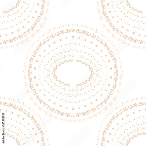 Seamless texture of abstract ornaments in circle. Decorative light pattern. Ethnic style ornamental shapes on white background. Colorful doodle round details.