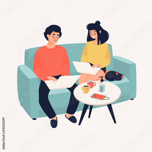 Vector family working on laptops in a sofa near the coffee table on which lies a face mask, sanitizer and cups of coffee