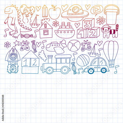 Kindergarten preschool school children. Kids drawing style vector pattern. Play grow learn together.