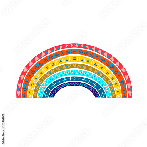Vector hand drawn illustration of the bright rainbow in ethnic style with doodles. Decorative design element for cards, scarpbook, wall art, stickers, textile, prints.