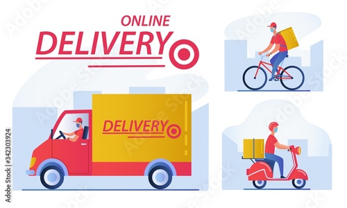 Online order Delivery concept showing a small van, man on bicycle with backpack and delivery man on motor cycle in three different vector designs with text