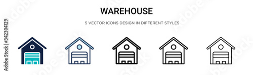 Warehouse icon in filled, thin line, outline and stroke style. Vector illustration of two colored and black warehouse vector icons designs can be used for mobile, ui, web