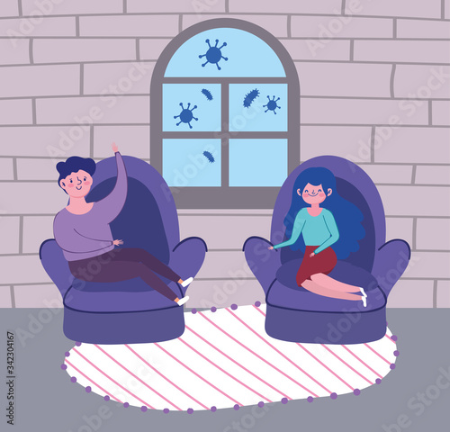 man and woman sitting in chairs living room, quarantine stay at home
