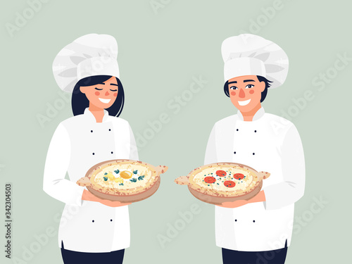 Vector smiling woman cook shef  and man cook shef stand  with khachapuri.
