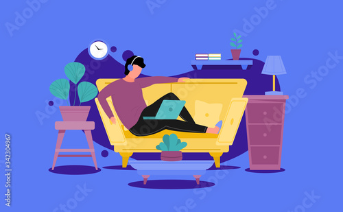 Young man enjoying on laptop at home. People at home in quarantine. Vector flat style illustration