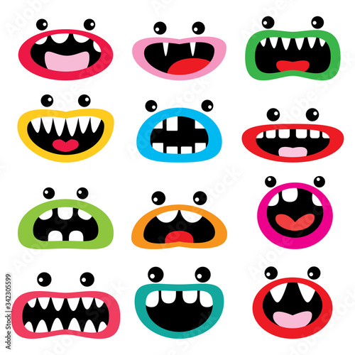Monster cartoon character  vector icon set, funny faces - open mouth with teeth, tongue and eyes design

