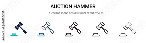 Auction hammer icon in filled, thin line, outline and stroke style. Vector illustration of two colored and black auction hammer vector icons designs can be used for mobile, ui, web